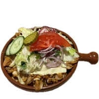 Met friet, vlees, paprika, ui, champignons, frisse salade, gesmolten kaas en saus