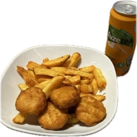 (patat met een kipnuggets, een sausje en een blikje drinken naar keuze)