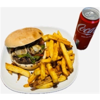<b>( Huisgemaakte mega kofte burger met gebakken champignons, ui, paprika. en chef's speciale saus  friet,frisdrank,)</b>